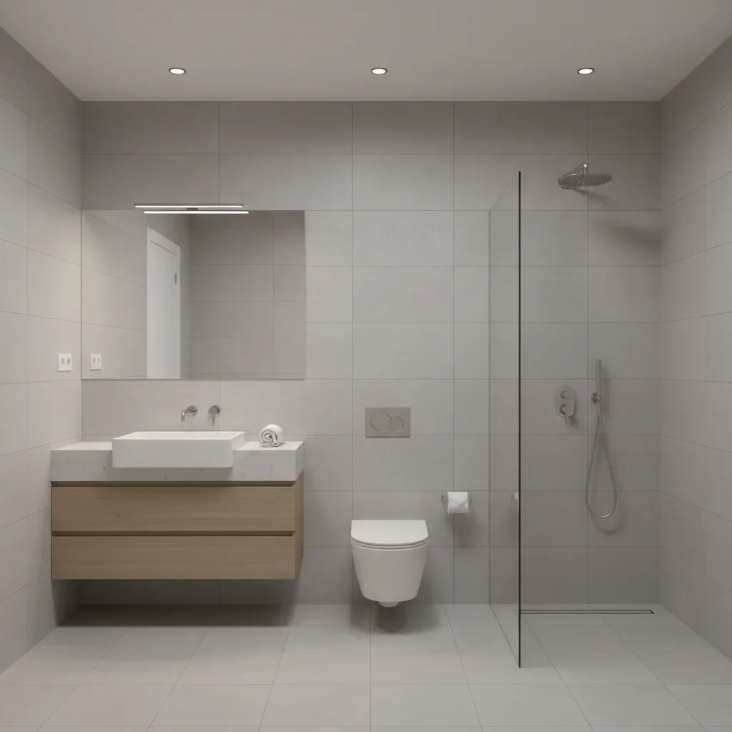 Diseño de baño con distribución lineal de lavabo, inodoro y ducha