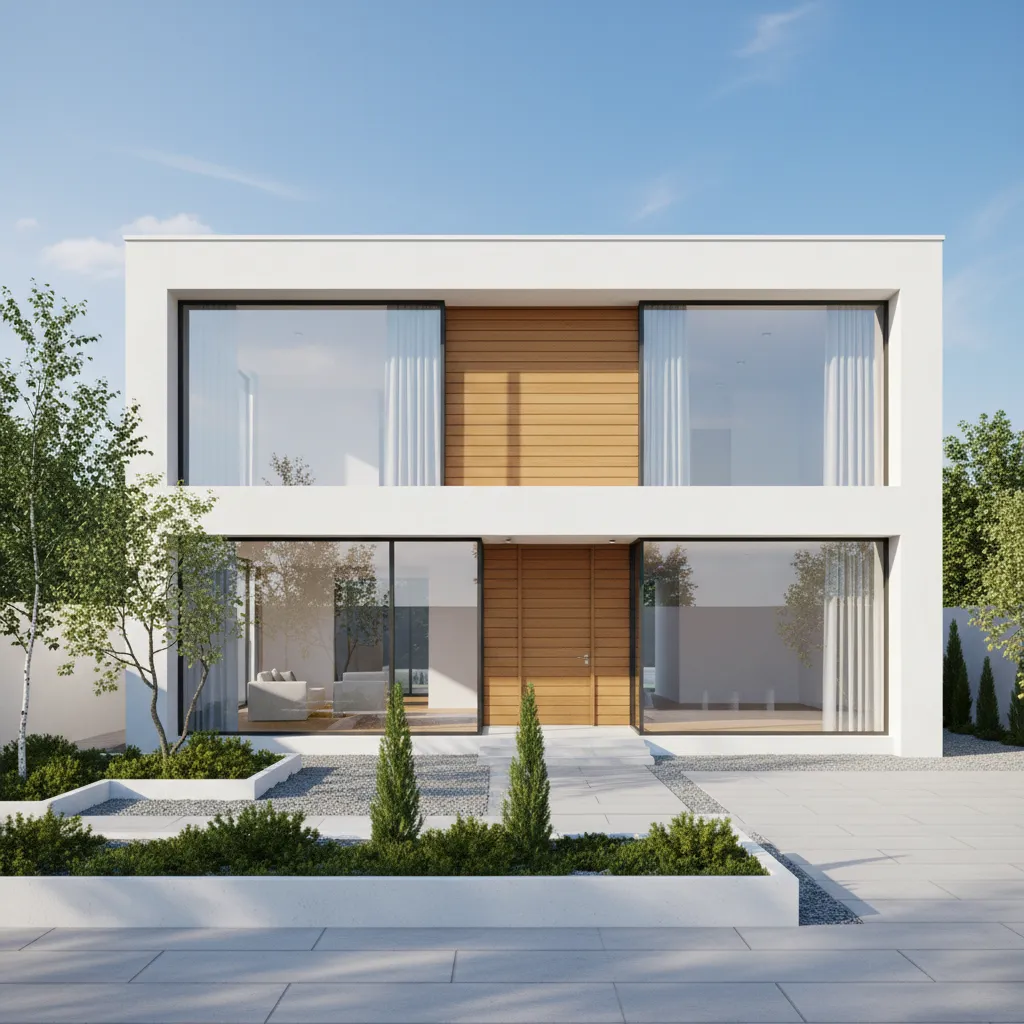 simple modern house exterior with minimalist facade and natural lighting