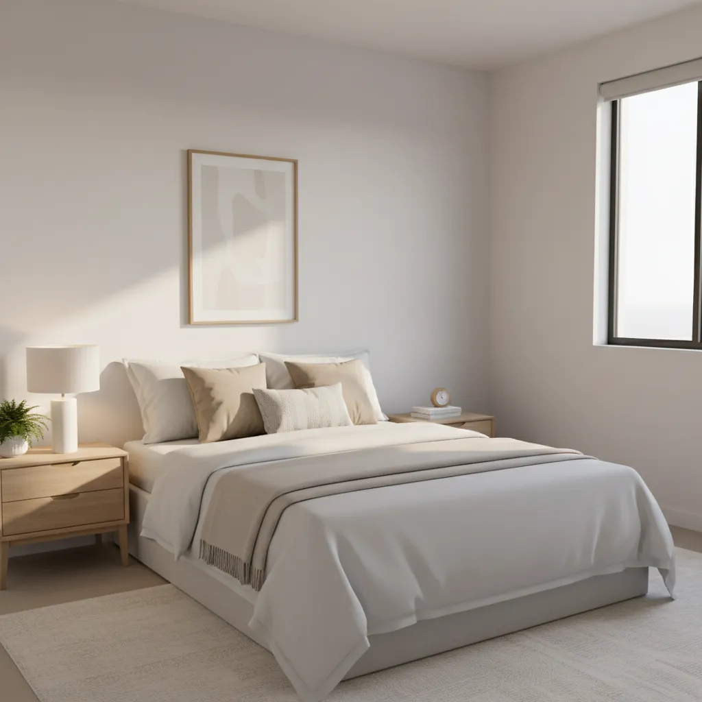 minimal bedroom staging with white bedding and simple decor