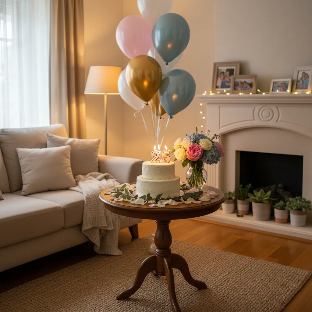 Small birthday cake table setup with balloons candles and decorations at home