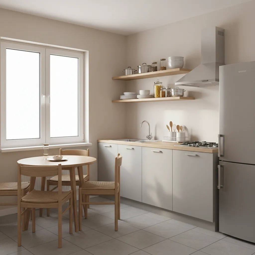 Small modern kitchen with grey cabinets wooden dining table chairs fridge and large bright window