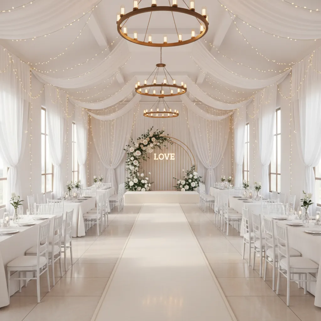 simple wedding hall with basic decorations and clear focal stage
