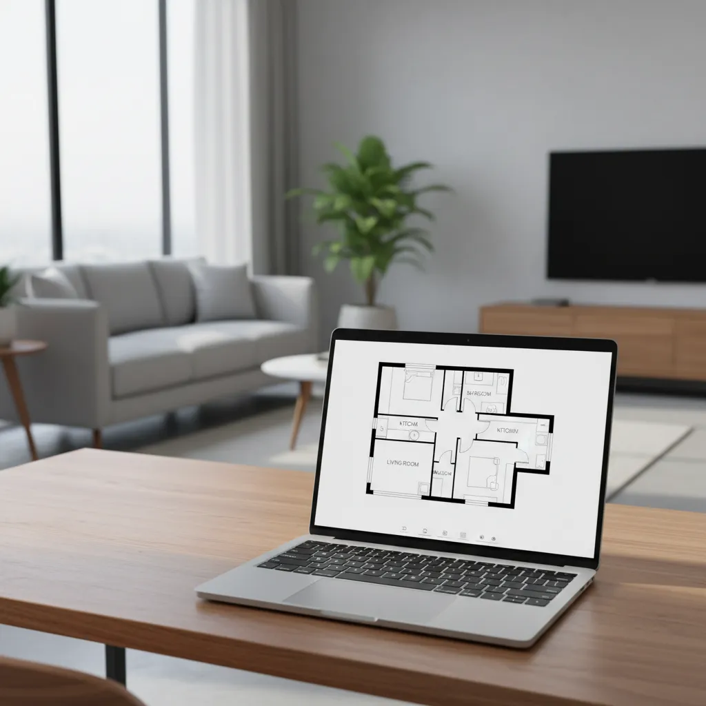 simple digital floor plan layout displayed on a laptop screen showing walls rooms and measurements