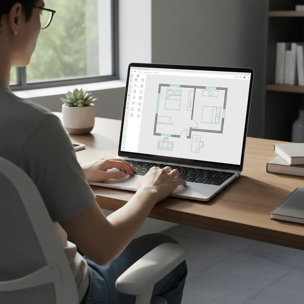 User creating a simple 2D floor plan layout on a laptop interface