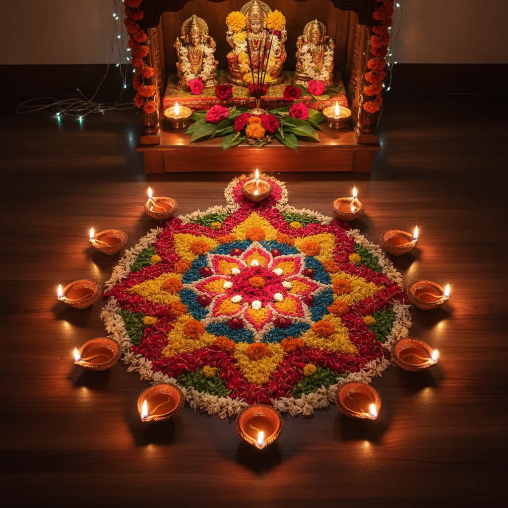 small circular rangoli design with flower petals and diyas