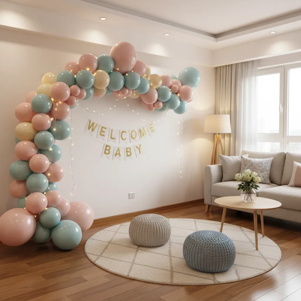 simple diy baby welcome home decoration with balloons fairy lights and banner
