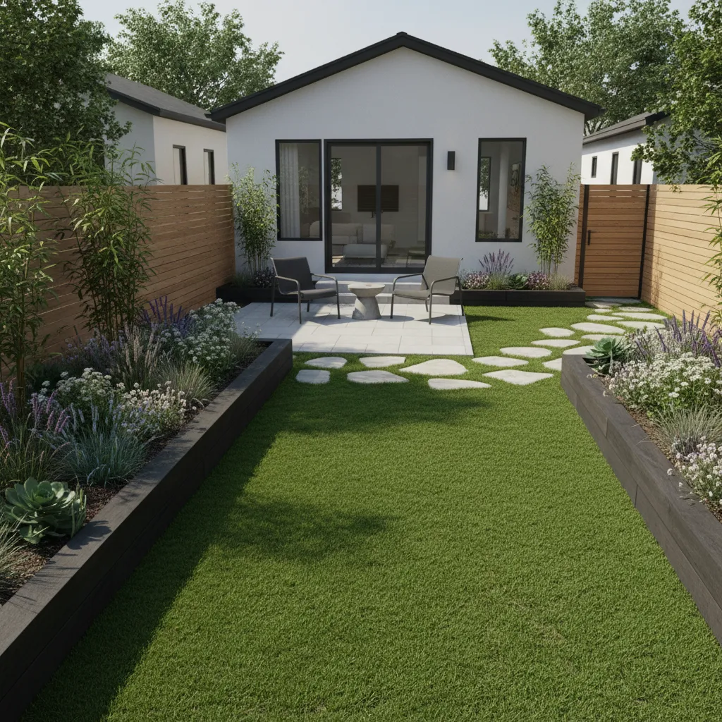 Simple backyard landscape with garden beds and patio designed using basic planning ideas