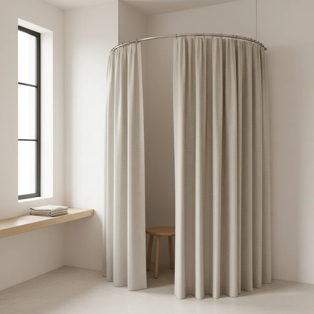 Simple DIY changing room made with curtain rod and fabric panels indoors