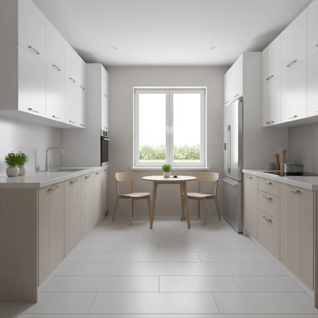 simple kitchen interior designed for a middle class family with practical cabinets and bright lighting