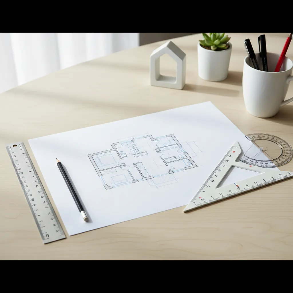 Hand drawn floor plan on white paper with pencil and rulers on a light wood desk