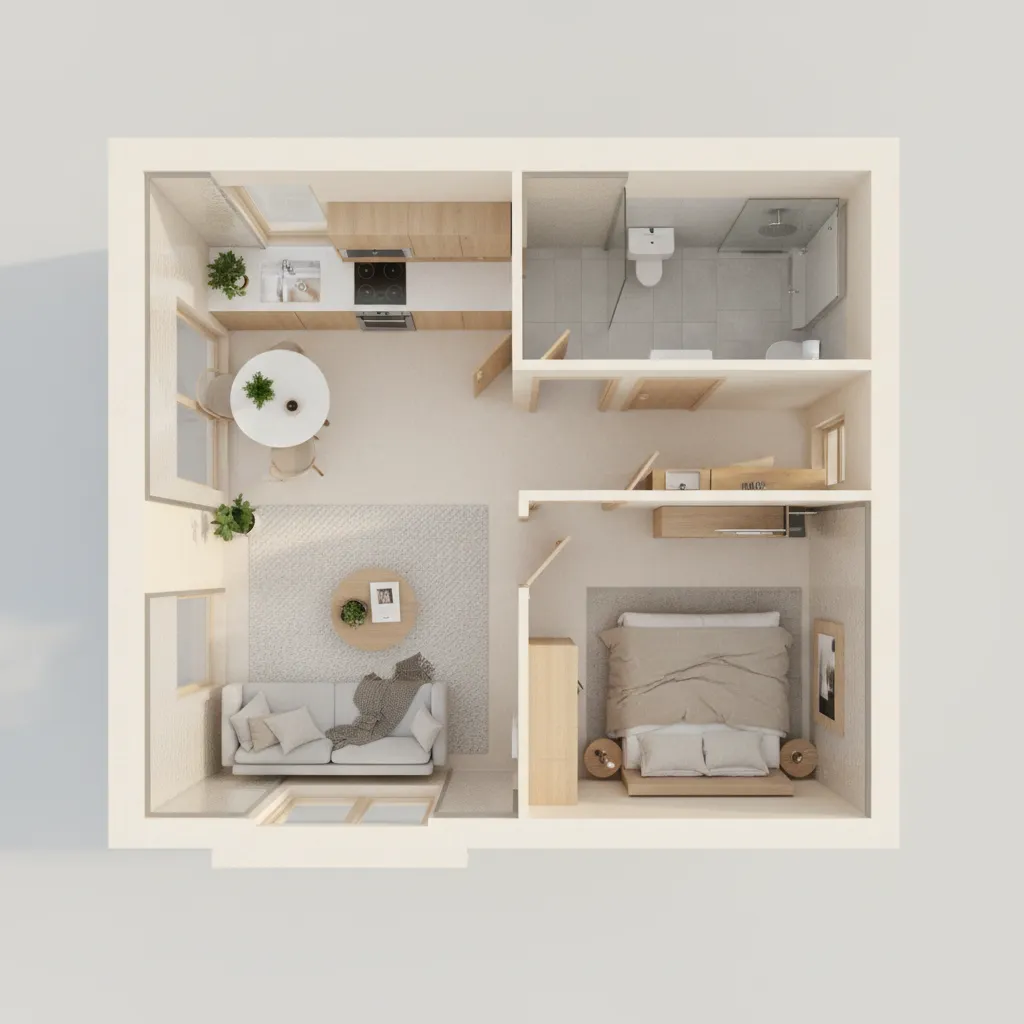 3D floor plan visualization showing room layout and furniture arrangement