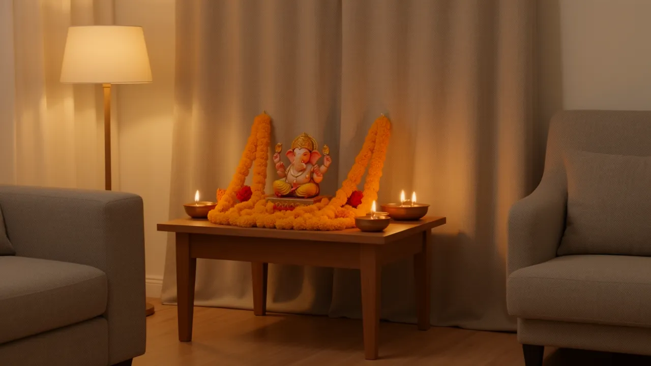 simple Ganesh mandap decoration at home with flowers and lights