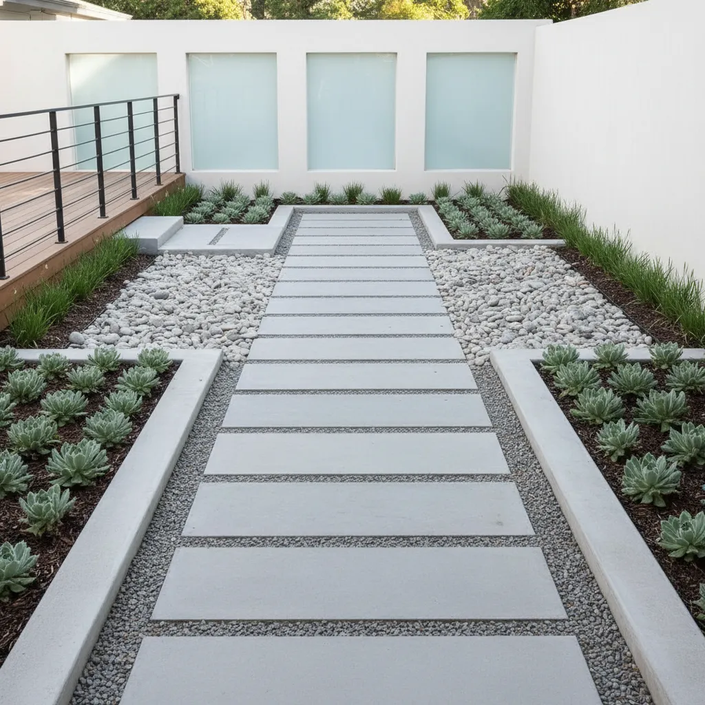 Modern garden layout featuring a grey stone path surrounded by white pebbles and green plants