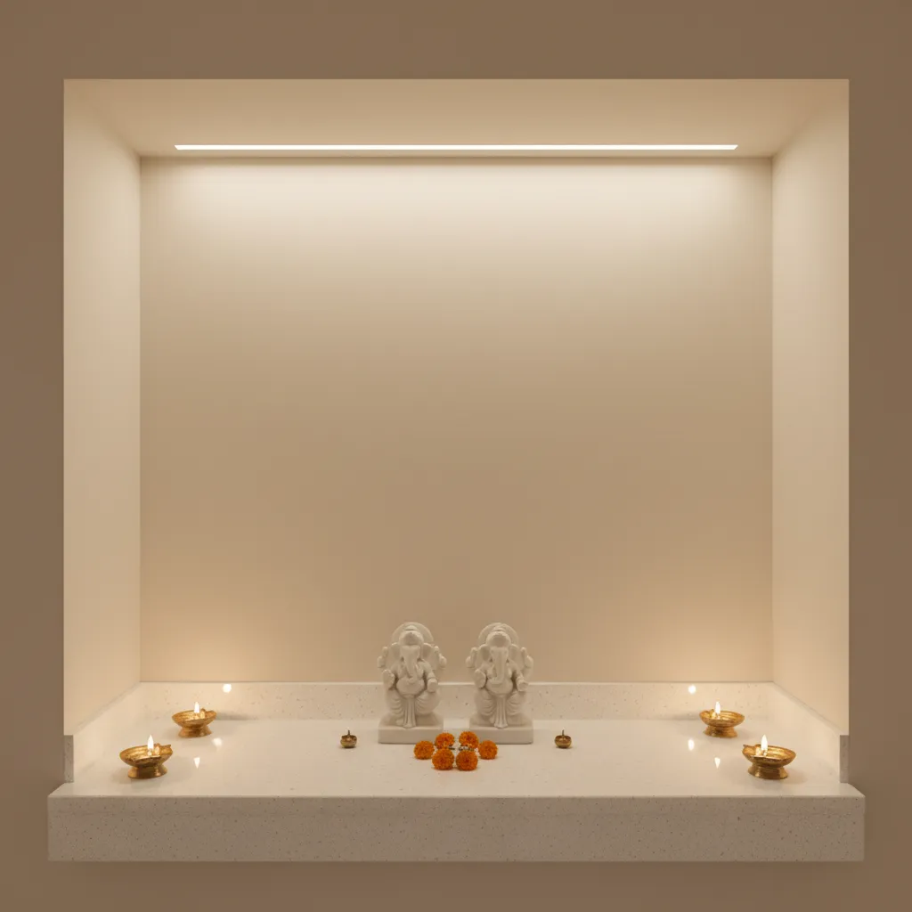 Minimal granite pooja platform with idols and warm lighting