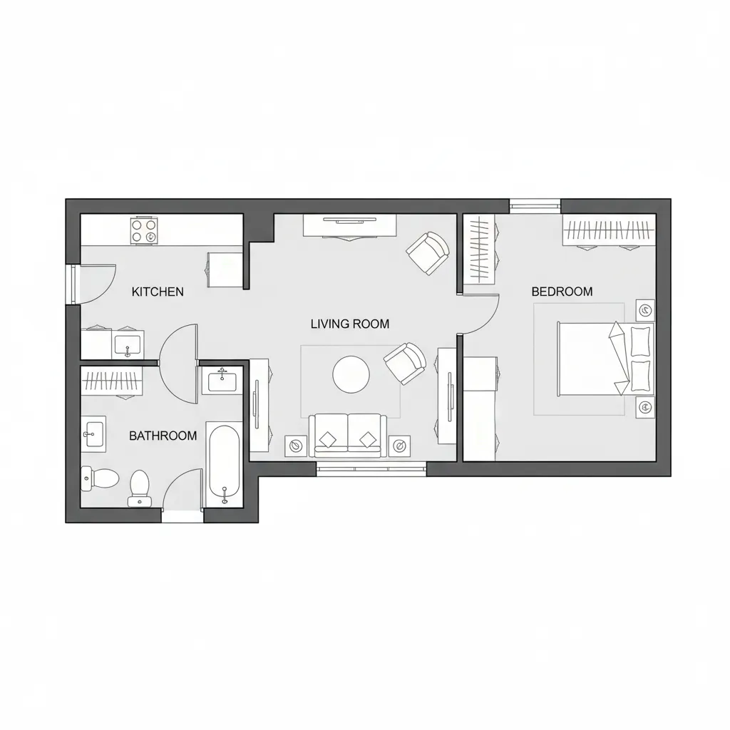 simple residential 2D floor plan layout with labeled rooms furniture and circulation space