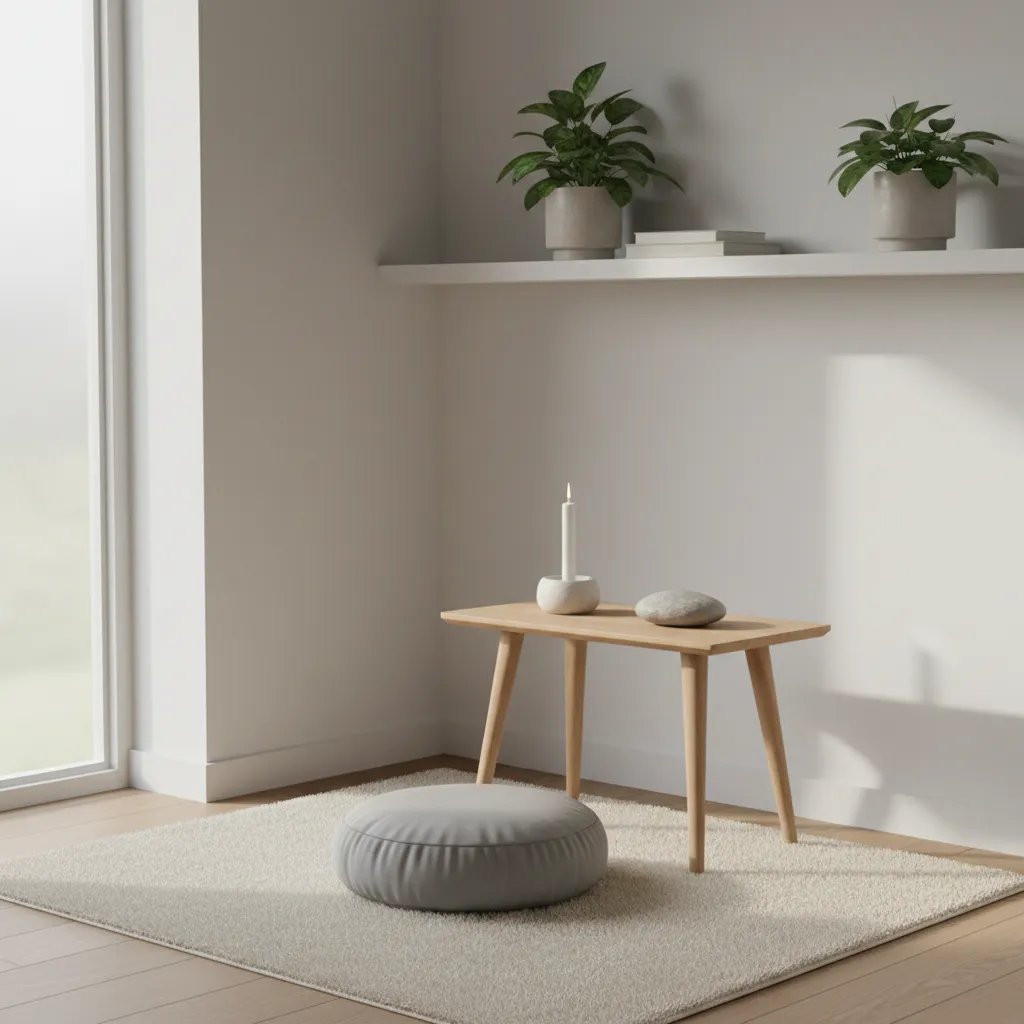 Small meditation corner with a minimalist home altar and candle