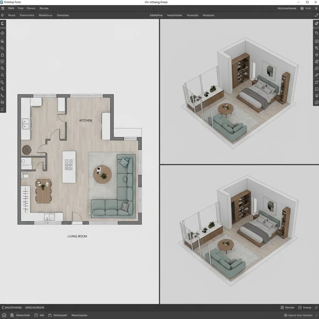 simple house floor plan with 3D room preview created using home design software