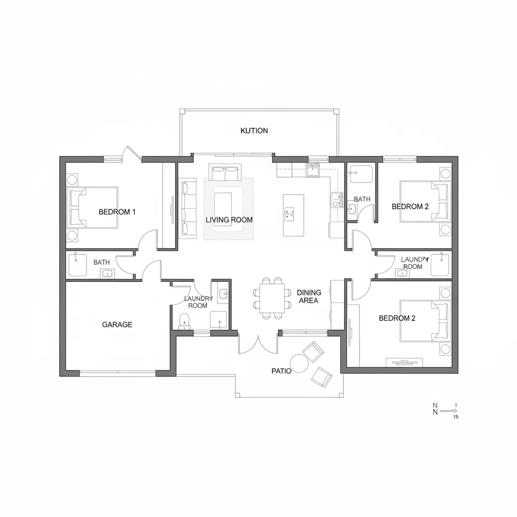 Clean 2D house floor plan showing living room kitchen bedroom layout