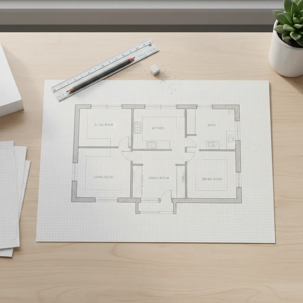 simple home floor plan sketch with labeled rooms on grid paper