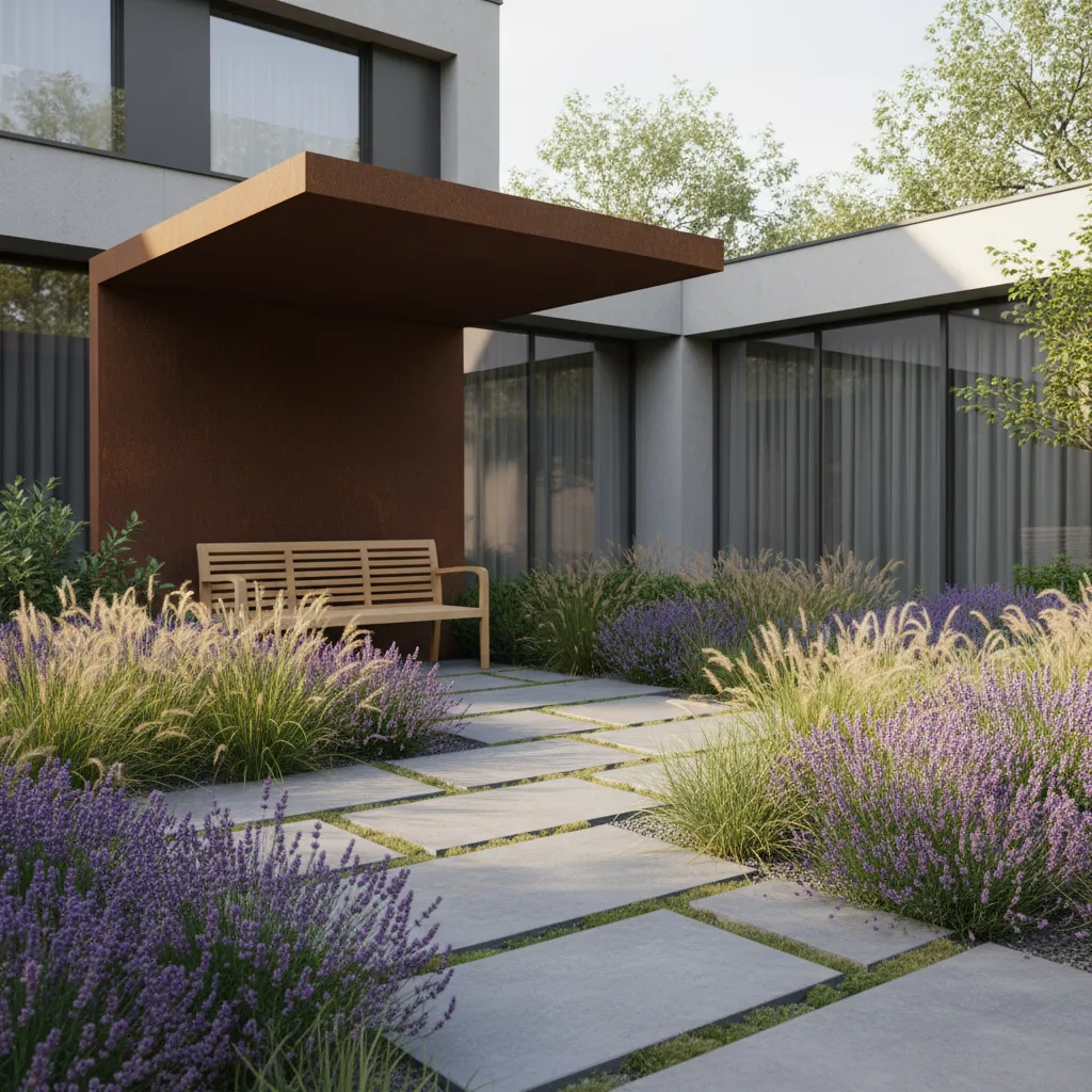 Wooden bench sitting under a brown roof surrounded by purple flowers and grey stone tiles