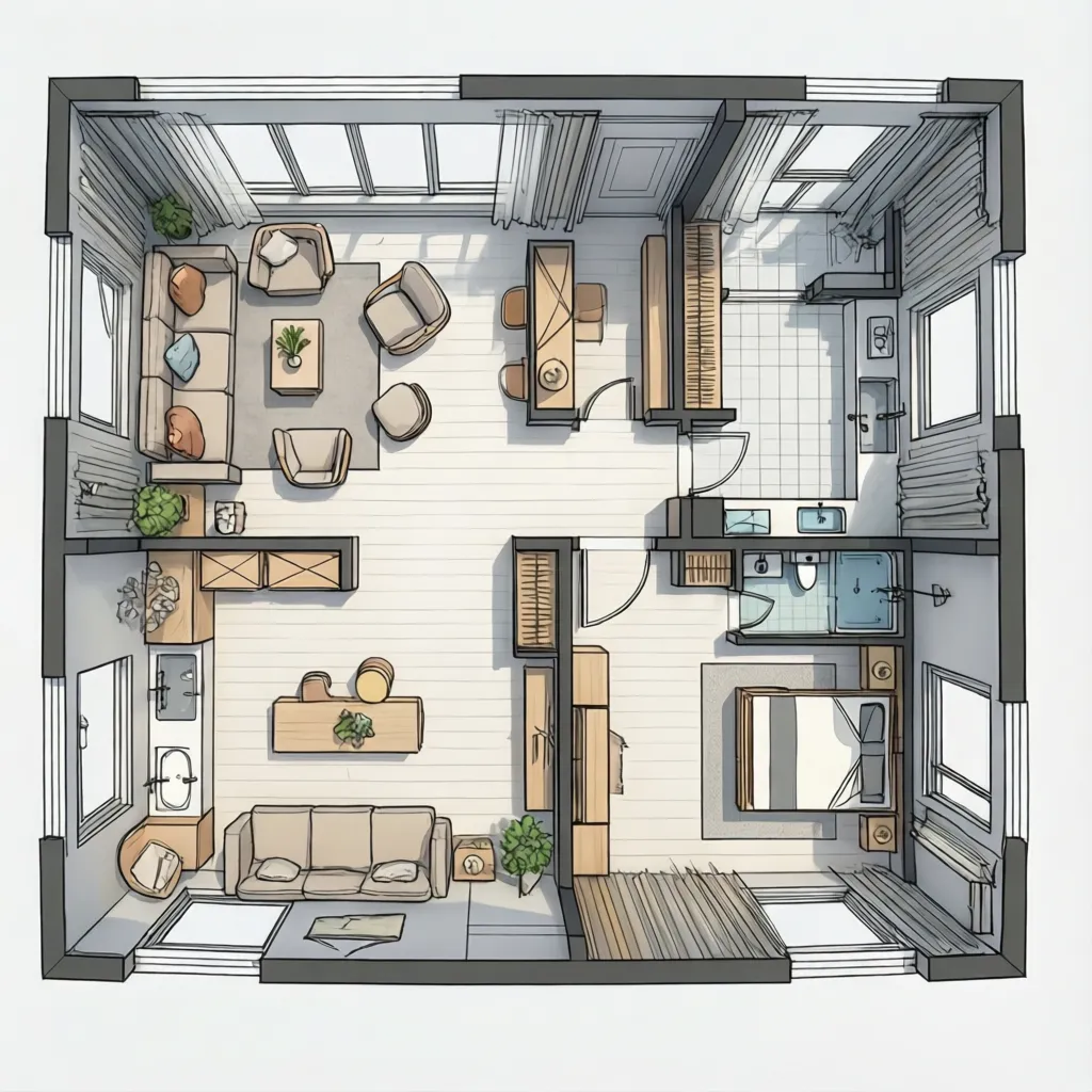 Plano sencillo de un apartamento pequeño con distribución clara