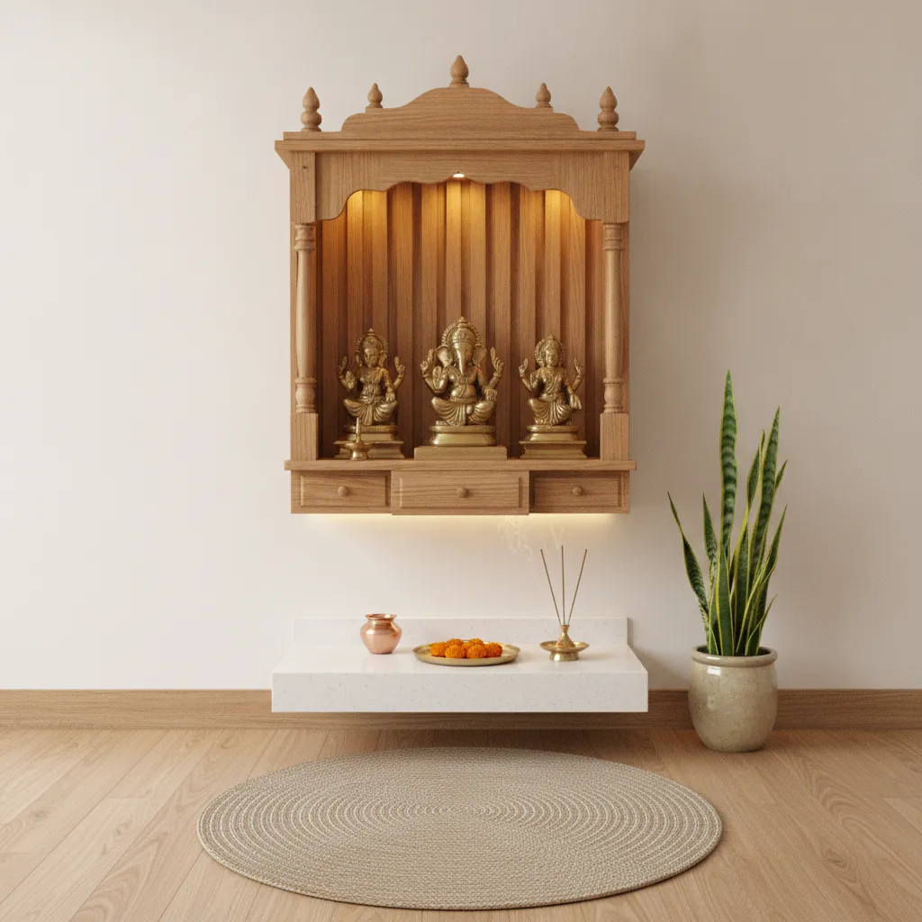 Simple home pooja corner with wooden mandir and soft lighting