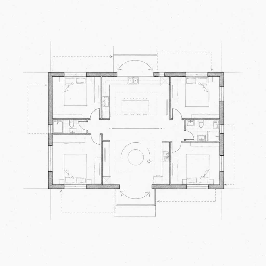 Diagrama simple de boceto de casa con flechas de circulación