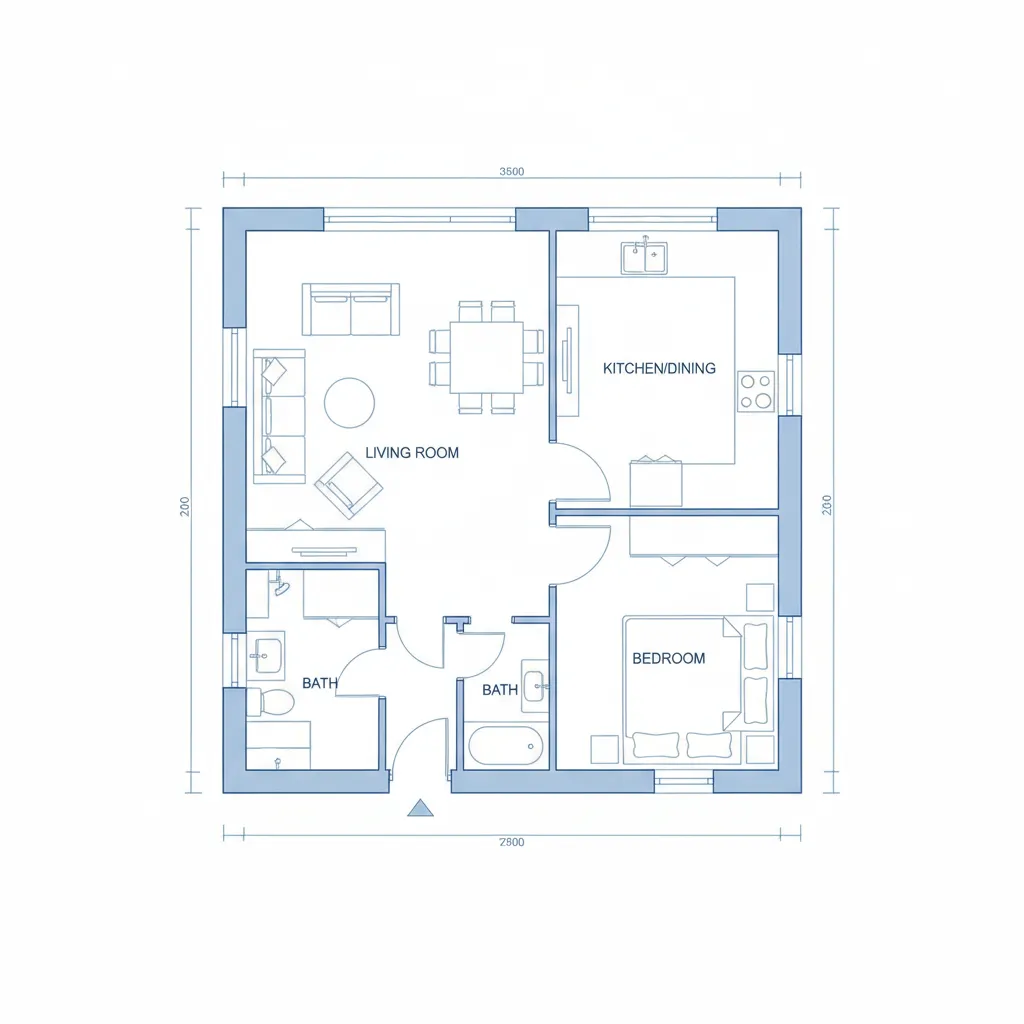 Plano sencillo de una casa pequeña con distribución eficiente