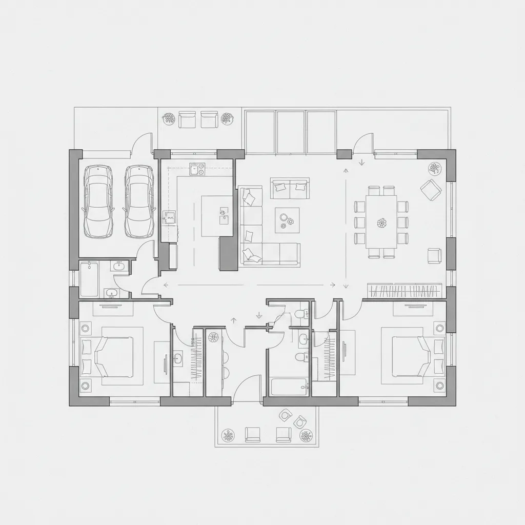 2D floor plan layout with two bedrooms two bathrooms living area and double car garage