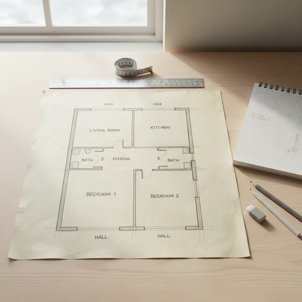 Bản phác thảo mặt bằng nhà đơn giản trên giấy với các phòng được ghi chú