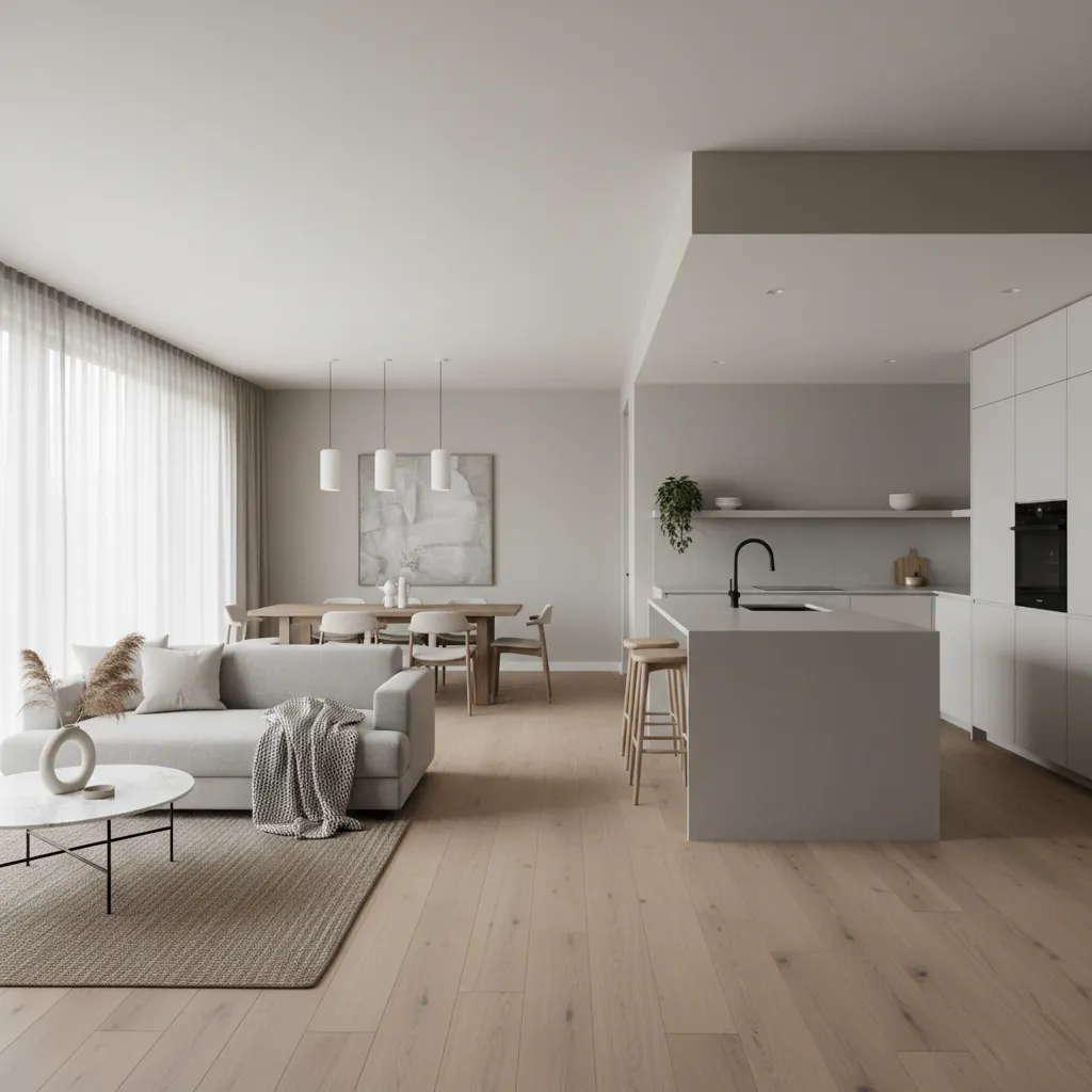 Interior de casa sencilla con salón, comedor y cocina en espacio abierto