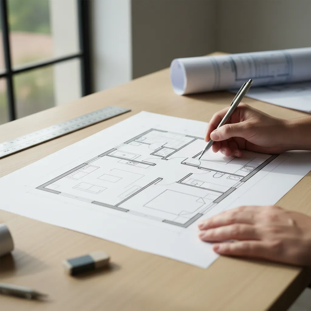 Phác thảo bản vẽ thiết kế nhà đơn giản trên giấy