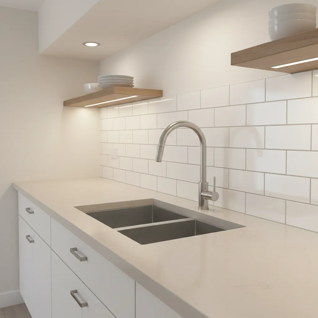 Kitchen with new subway tile backsplash and modern faucet