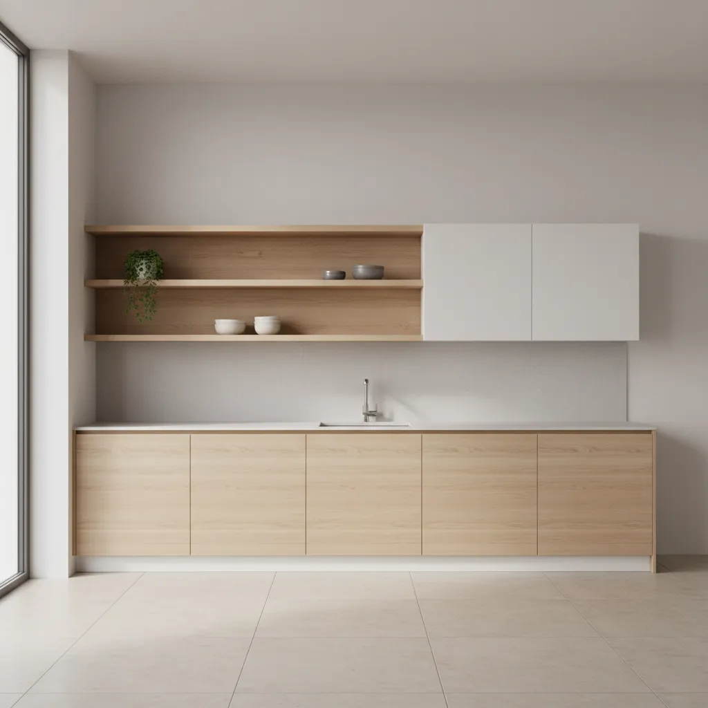 simple straight kitchen cabinet layout with open shelving