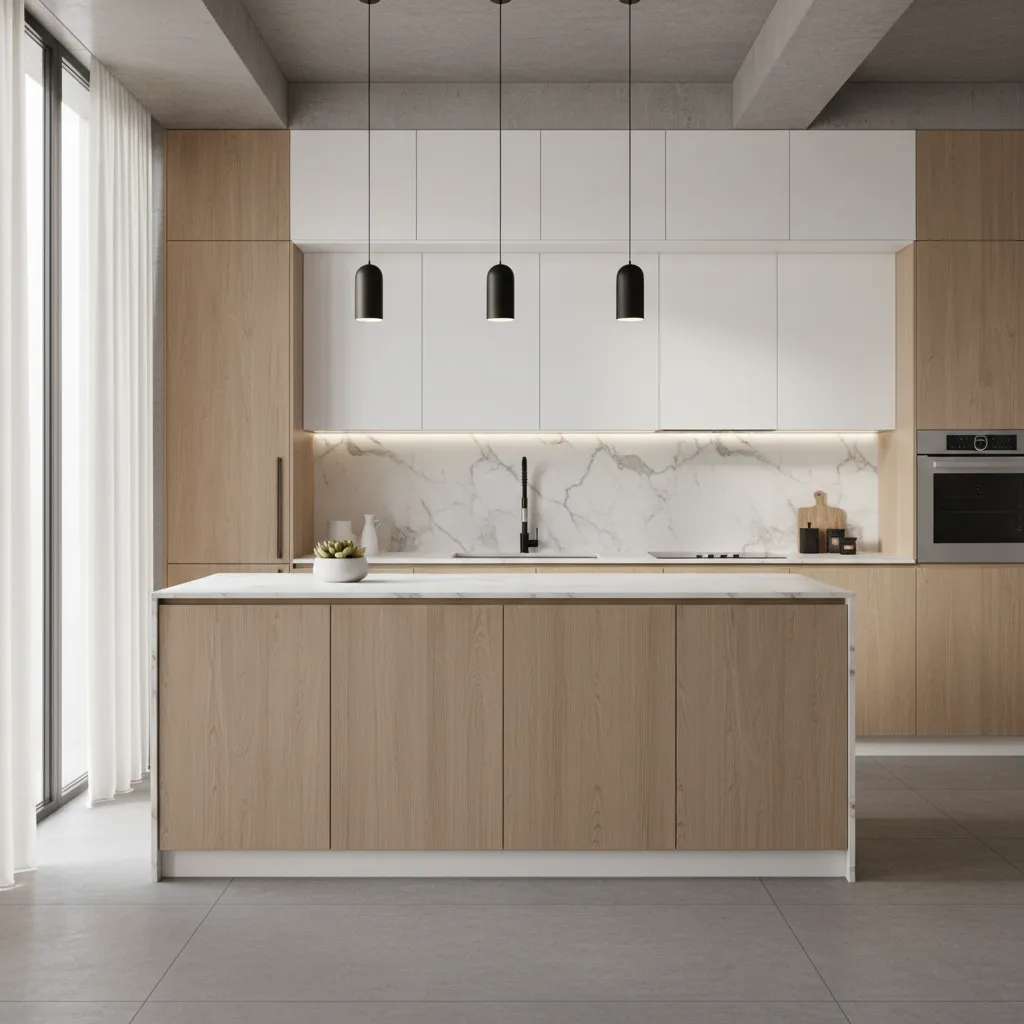 bảng màu bếp trắng và gỗ trong thiết kế bếp hiện đại