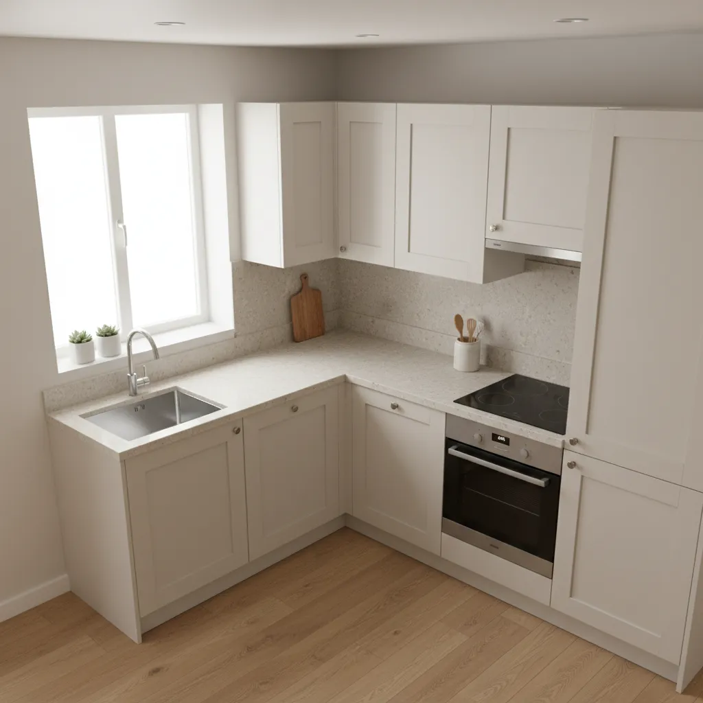 compact L shaped kitchen layout showing stove sink and workspace