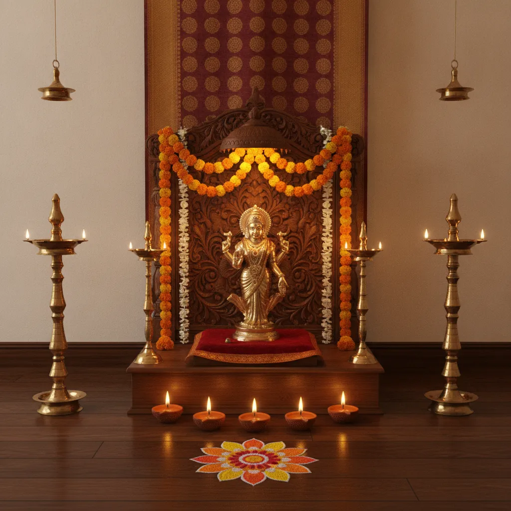 Simple Laxmi Pooja altar at home with flowers diyas and small rangoli