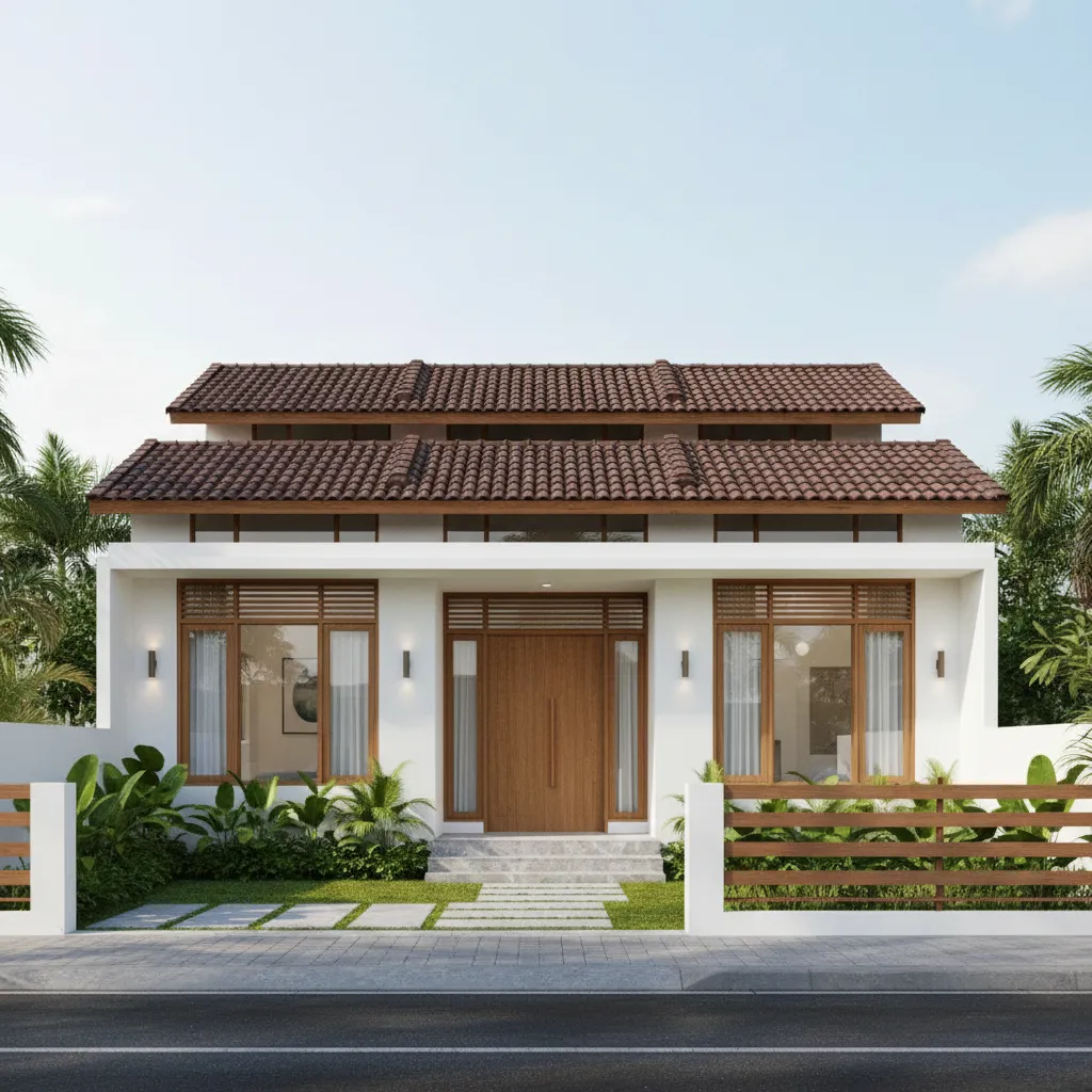 Modern white house exterior with brown tile roof wooden front door windows and green garden
