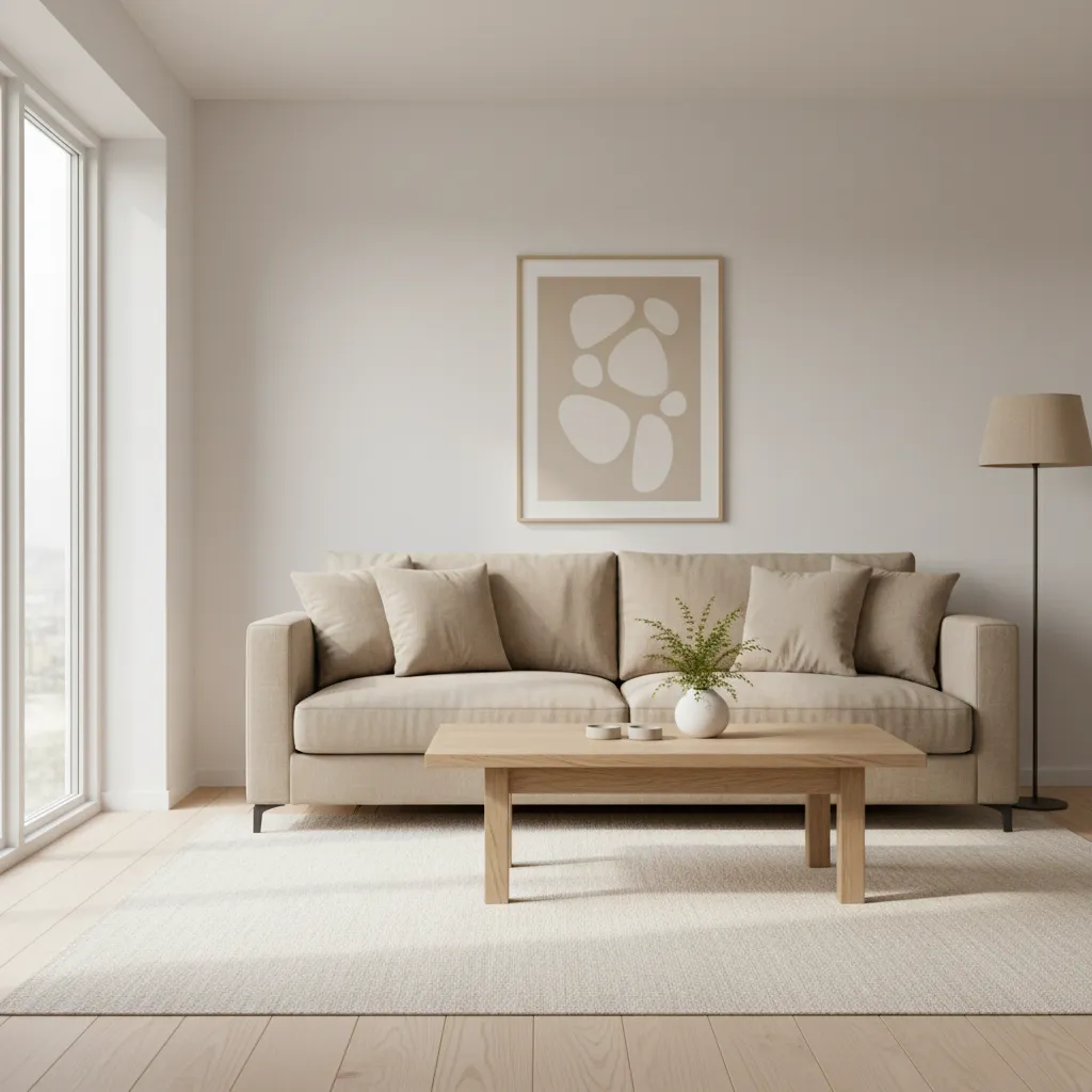 Sala sencilla con sofá claro, mesa de madera y decoración mínima