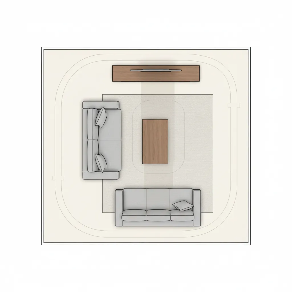 Simple living room layout showing two grey sofas a wooden coffee table and a white rug