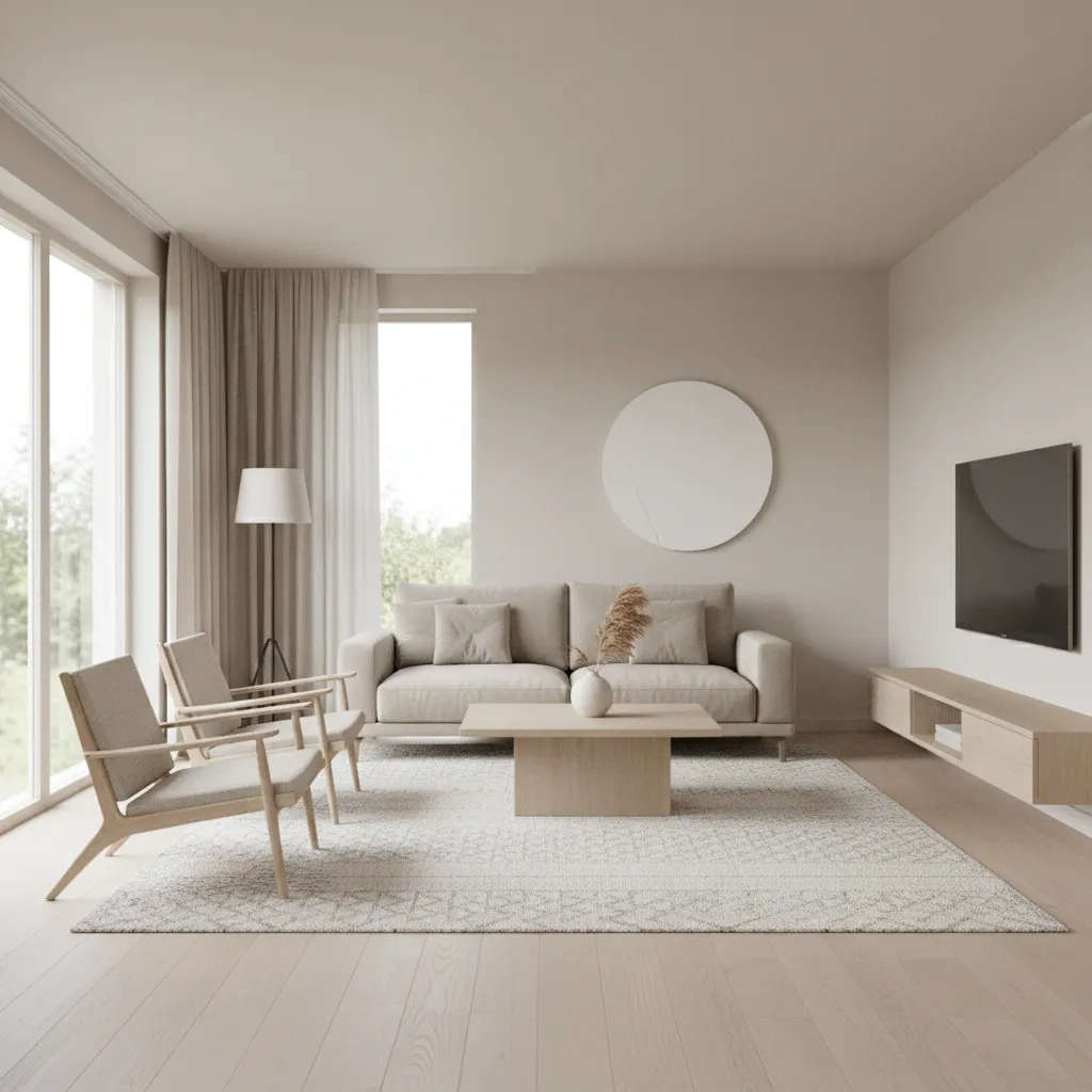 simple living room layout with neutral furniture and open space