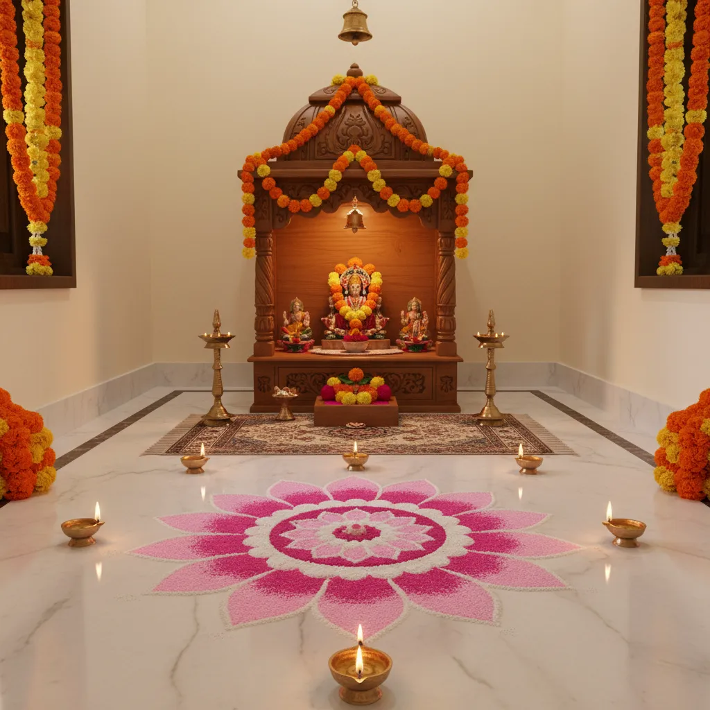 simple lotus rangoli design placed in front of a pooja room altar