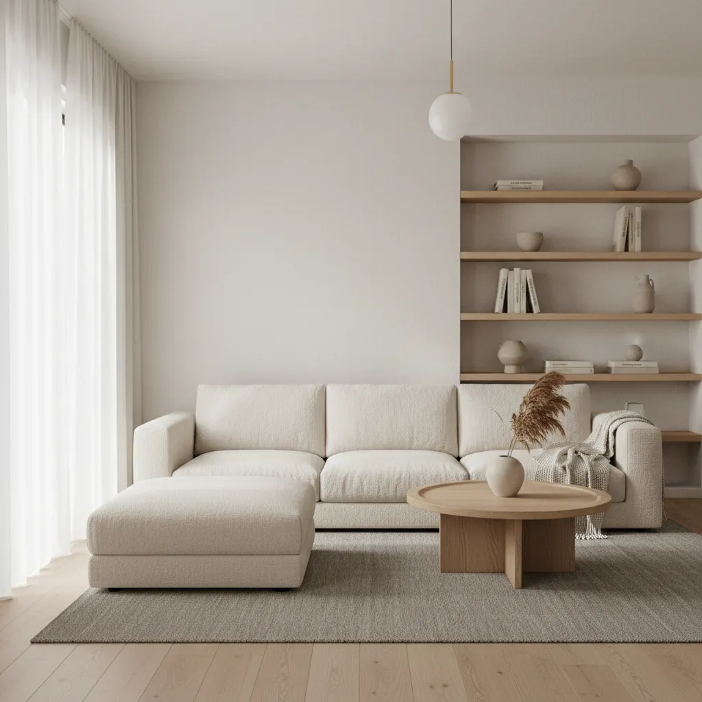 Interior de casa sencilla con materiales neutros y madera clara