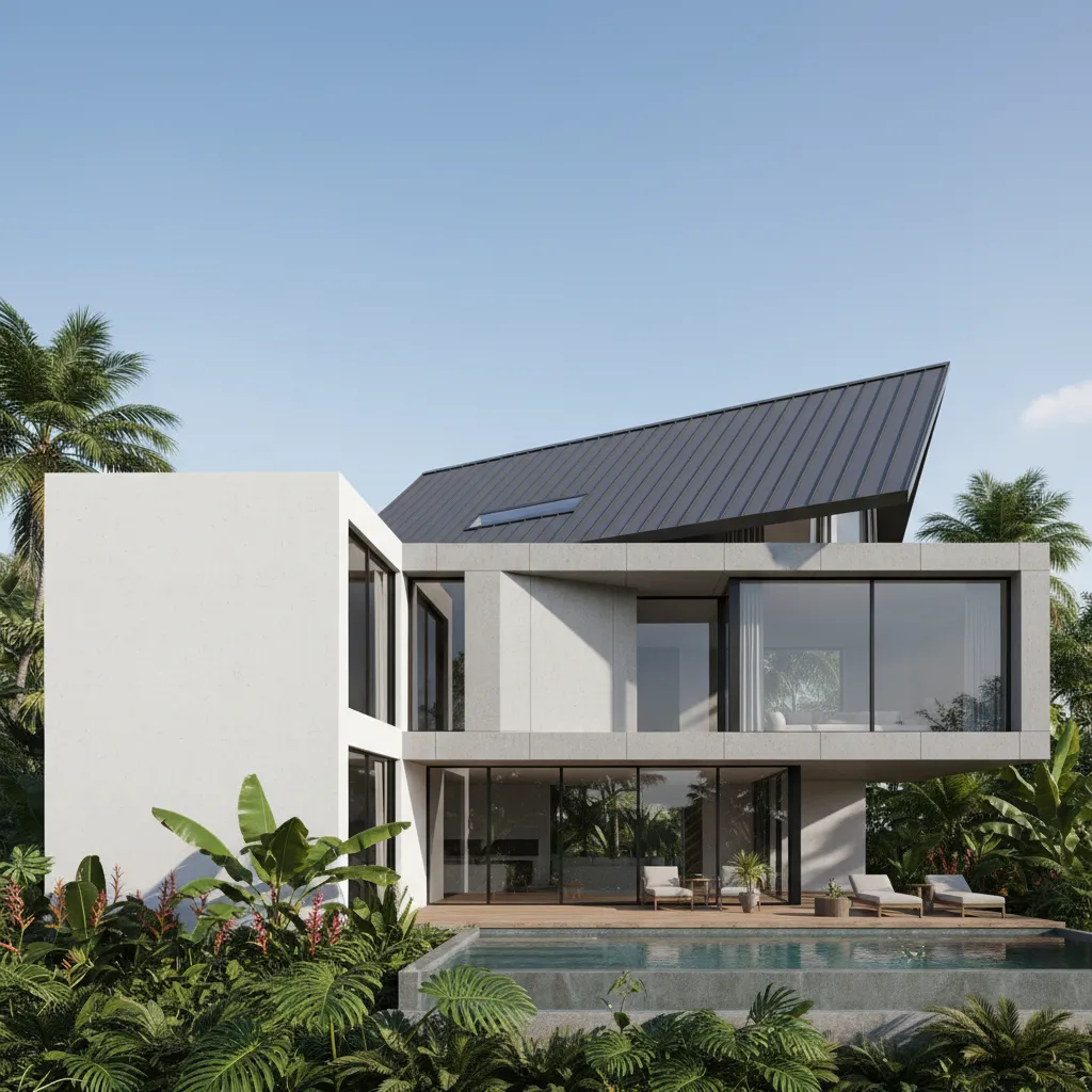 Modern white home with dark metal roof glass windows outdoor swimming pool and lush plants