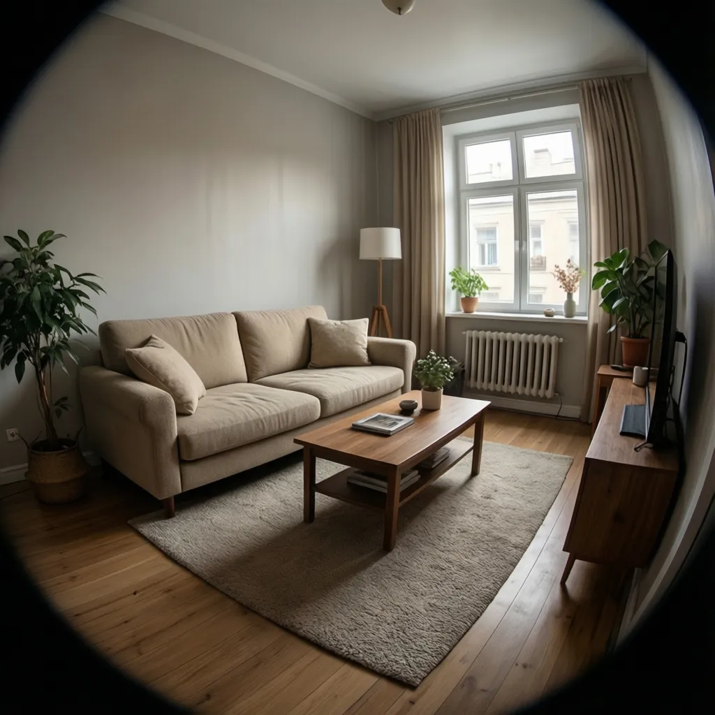 simple middle class living room with sofa coffee table and neutral walls