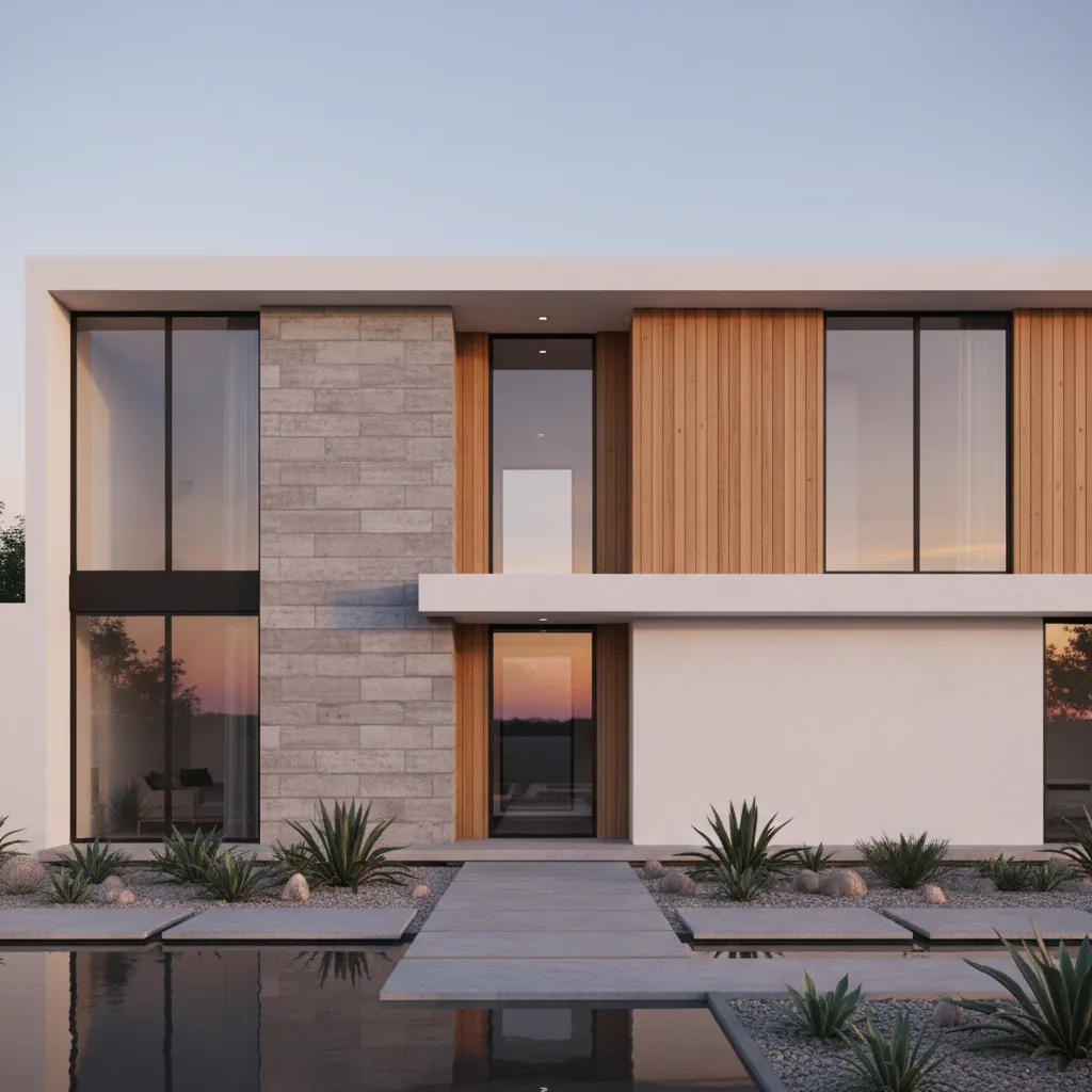 modern house facade combining concrete wood and neutral colors