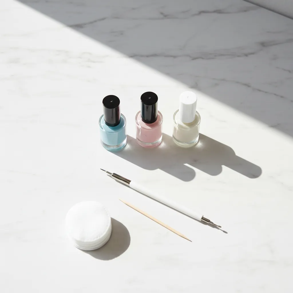 Three bottles of nail polish with a brush and wooden stick on white marble table surface
