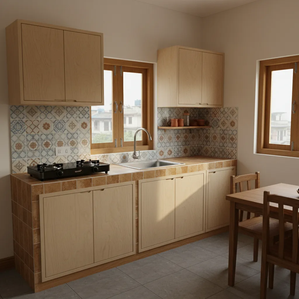 Simple straight layout kitchen commonly used in Nepal homes