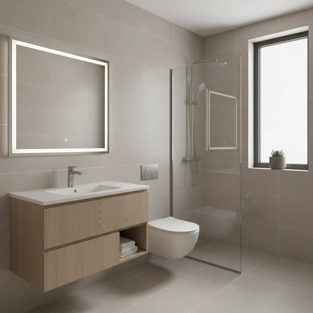 Simple neutral tile bathroom design with floating vanity and mirror