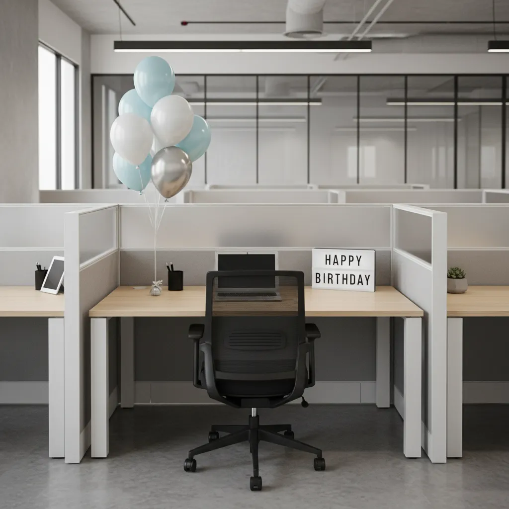 minimal office birthday decoration with balloon cluster and desk sign